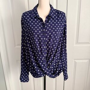 BLL New York Navy Blue Floral Twist-Front Button Down Blouse - XL